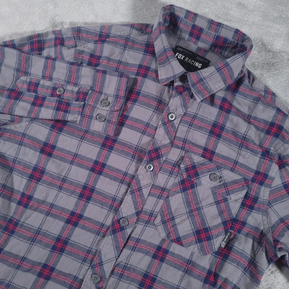 Fox Racing Shirt Mens S Gray Red Plaid Flannel Stretch‎ MXF-02-74 Moto Skate